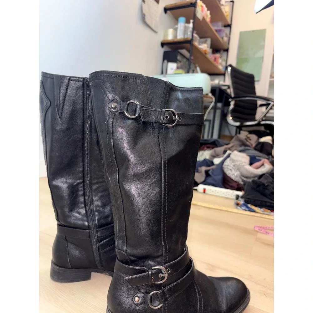 Brinley Co Loyal Tall Riding Boots Womens 10 Black Buckle Strap Moto Equestrian